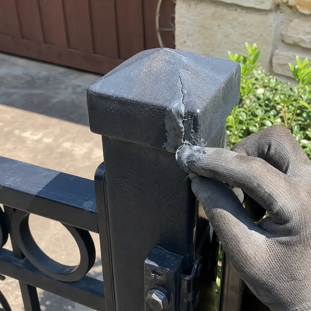 Professional repairing a crack on a metal fence gate post cap