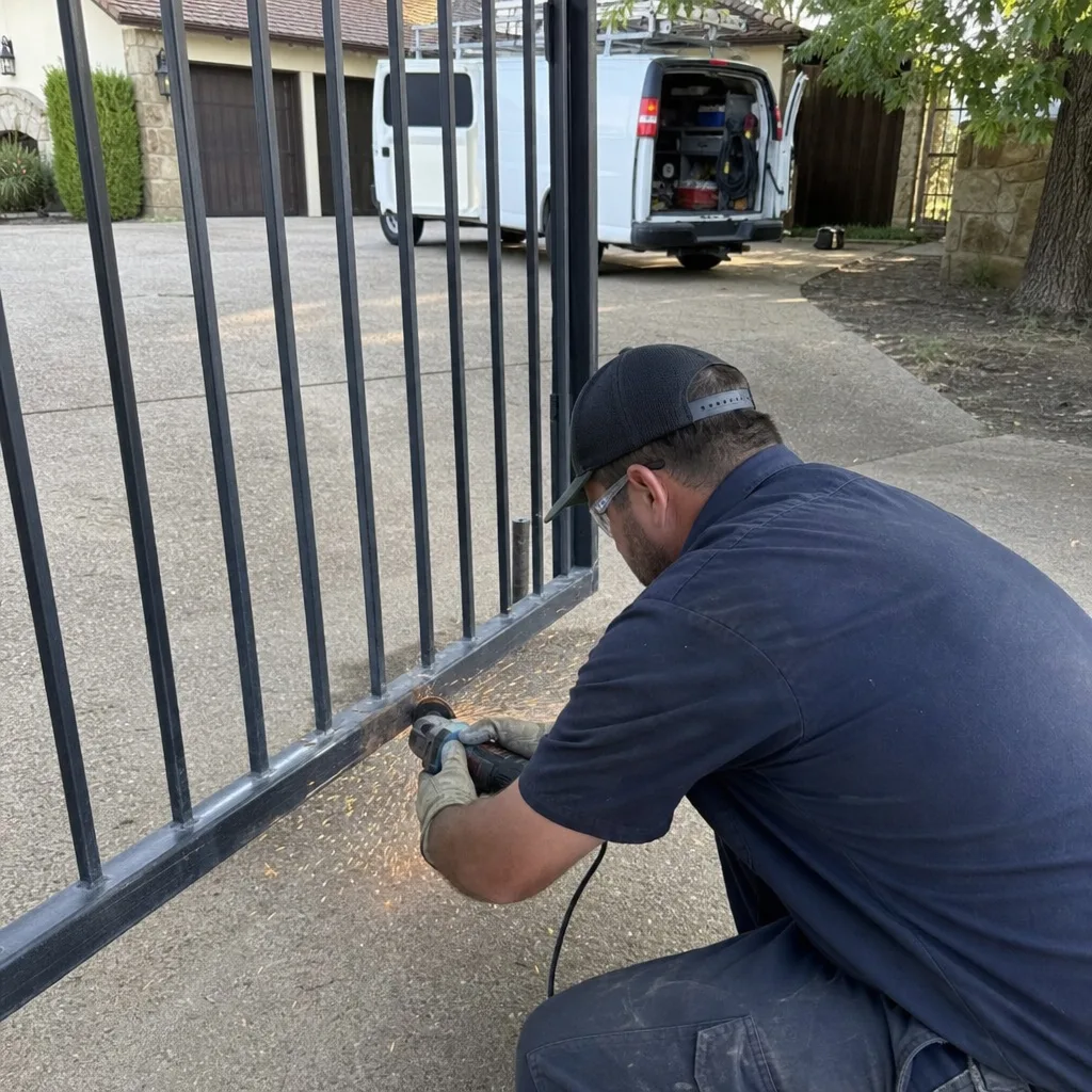 Professional technician performing metal grinding for residential gate repair and maintenance.