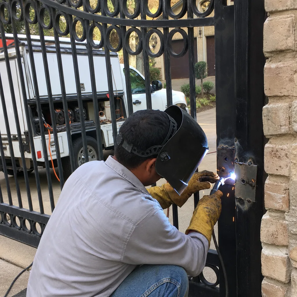 Professional welder performing metal gate repair and welding service.
